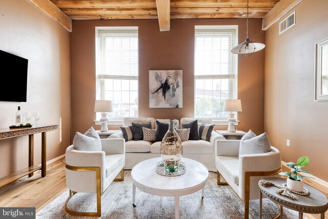 2639 Boston St Unit 203, Baltimore, MD 21224 - living room featuring visible vents, wooden ceiling, light wood-type flooring, and plenty of natural light