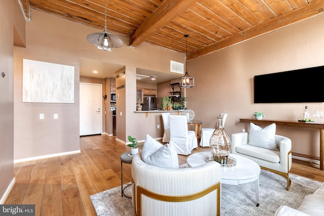 2639 Boston St Unit 203, Baltimore, MD 21224 - living area featuring visible vents, wooden ceiling, baseboards, and light wood-type flooring