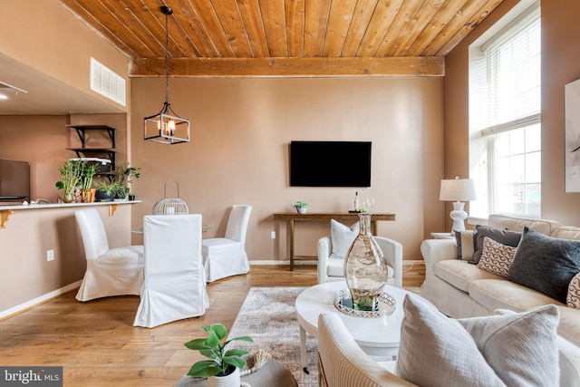 2639 Boston St Unit 203, Baltimore, MD 21224 - living area with visible vents, baseboards, an inviting chandelier, wooden ceiling, and wood finished floors