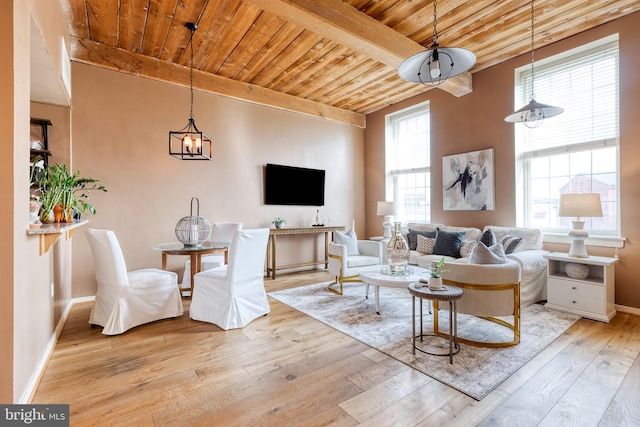 2639 Boston St Unit 203, Baltimore, MD 21224 - living room featuring wood-type flooring, baseboards, beam ceiling, and wood ceiling