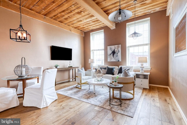 2639 Boston St Unit 203, Baltimore, MD 21224 - living room with beamed ceiling, an inviting chandelier, baseboards, wood ceiling, and hardwood / wood-style flooring