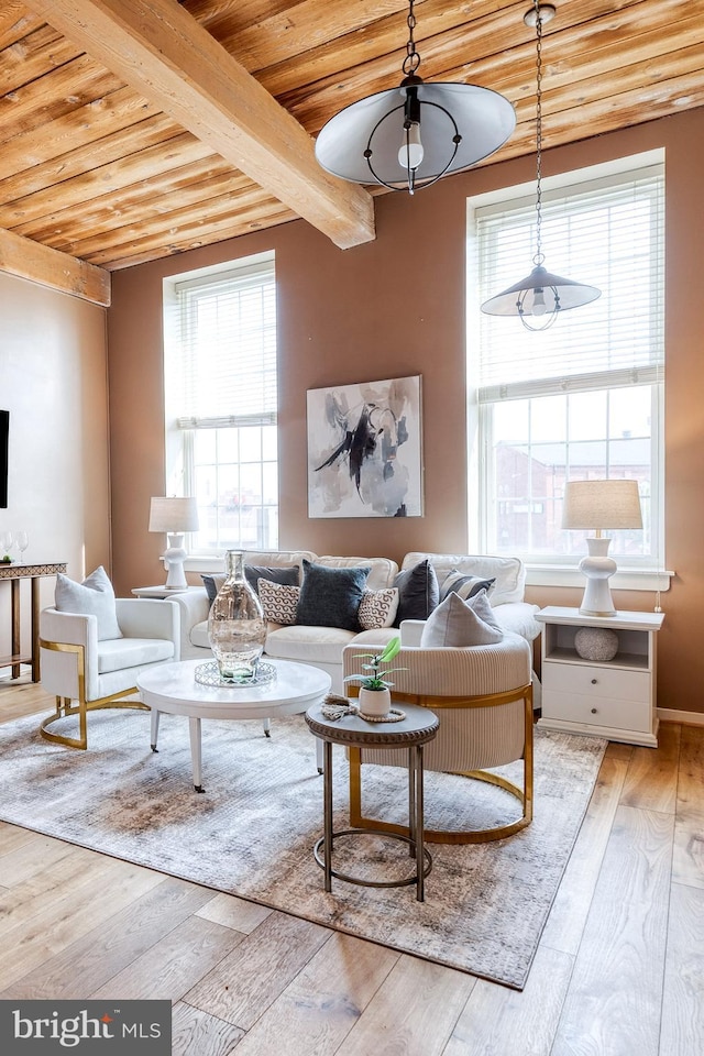 2639 Boston St Unit 203, Baltimore, MD 21224 - living room featuring beamed ceiling, plenty of natural light, and wood ceiling