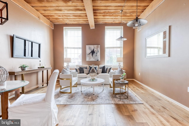 2639 Boston St Unit 203, Baltimore, MD 21224 - living room featuring beamed ceiling, baseboards, hardwood / wood-style flooring, and wood ceiling