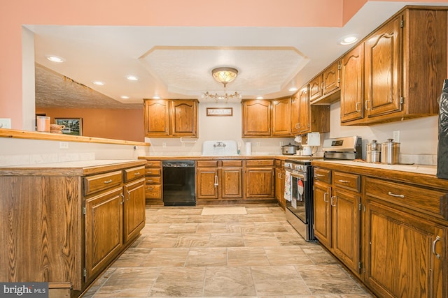 kitchen featuring electric range, dishwasher, a raised ceiling, brown cabinets, and recessed lighting