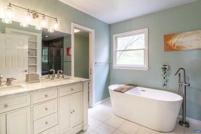 1720 Franklin Dr, Charlottesville, VA 22911 - full bathroom with a shower stall, tile patterned floors, a sink, double vanity, and a freestanding bath