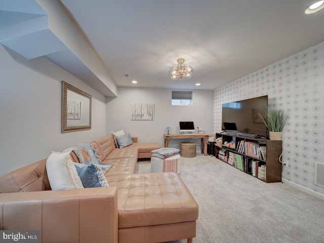 9477 Cromarty Ct, Bristow, VA 20136 - carpeted living room featuring recessed lighting, wallpapered walls, and visible vents