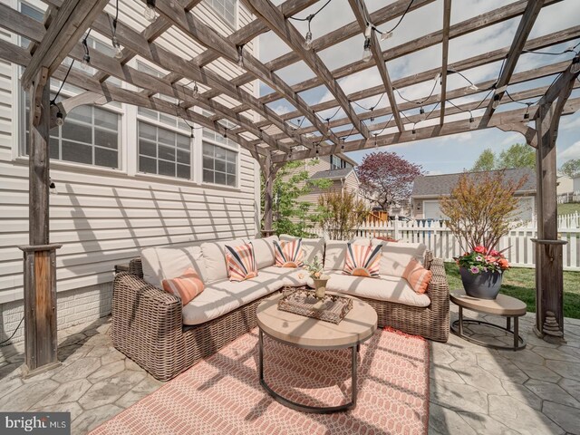 9477 Cromarty Ct, Bristow, VA 20136 - view of patio featuring fence, an outdoor living space, and a pergola