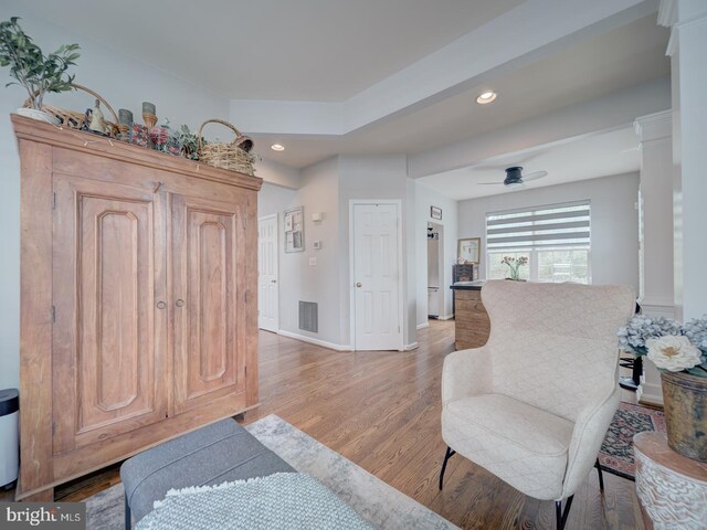 9477 Cromarty Ct, Bristow, VA 20136 - sitting room featuring visible vents, recessed lighting, ceiling fan, and light wood-type flooring