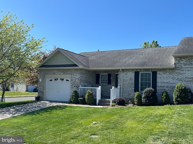 561 Great Oak Ct, Woodstock, VA 22664 - ranch-style home featuring a front lawn, concrete driveway, an attached garage, a porch, and brick siding