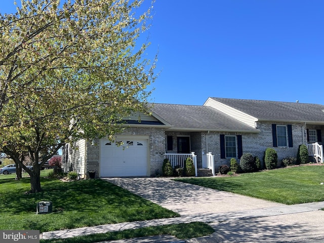 561 Great Oak Ct, Woodstock, VA 22664 - ranch-style home with driveway, a shingled roof, an attached garage, a front yard, and brick siding