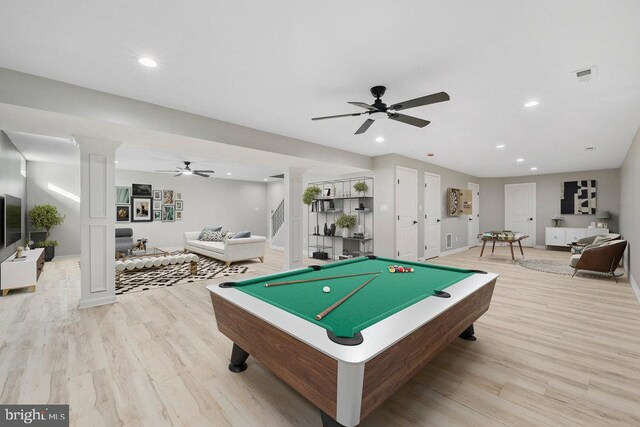 recreation room featuring light wood-type flooring, recessed lighting, ceiling fan, billiards table, and baseboards