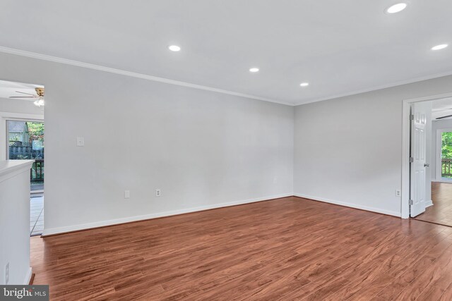 empty room featuring wood finished floors, a wealth of natural light, and ornamental molding