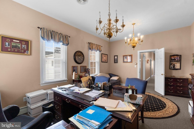 196 E Main St, Westminster, MD 21157 - home office with carpet floors, a baseboard heating unit, a chandelier, and visible vents