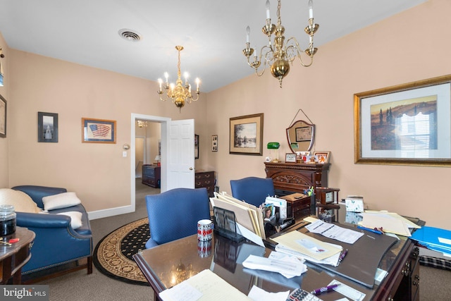 196 E Main St, Westminster, MD 21157 - carpeted dining room with an inviting chandelier, baseboards, lofted ceiling, and visible vents