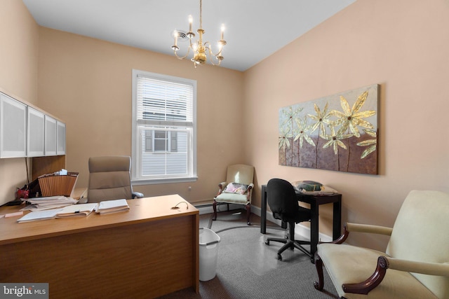 196 E Main St, Westminster, MD 21157 - office area featuring carpet floors, baseboards, and a chandelier