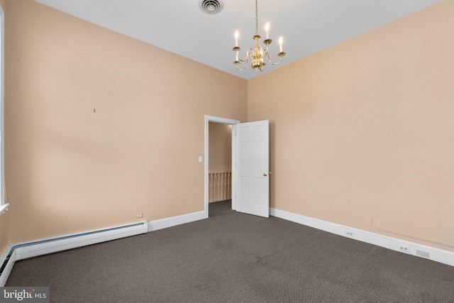 196 E Main St, Westminster, MD 21157 - spare room with visible vents, baseboards, a baseboard radiator, dark colored carpet, and a chandelier
