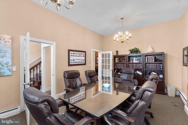 196 E Main St, Westminster, MD 21157 - carpeted home office featuring french doors, baseboards, a notable chandelier, and baseboard heating