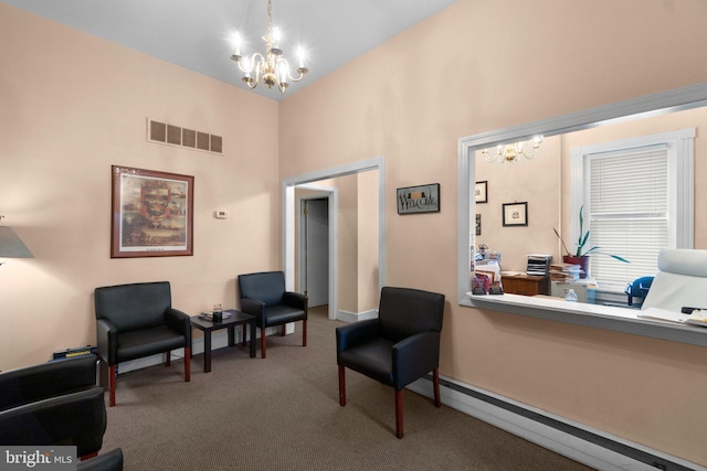196 E Main St, Westminster, MD 21157 - living area with carpet flooring, a chandelier, baseboards, a baseboard radiator, and visible vents