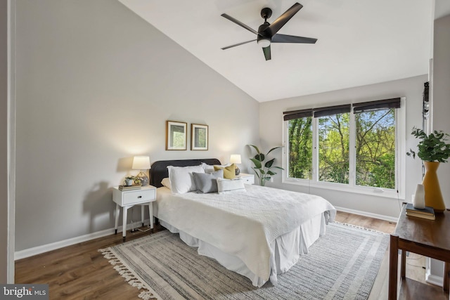 1070 Trevino Ln, Herndon, VA 20170 - bedroom with baseboards, a ceiling fan, wood finished floors, and high vaulted ceiling