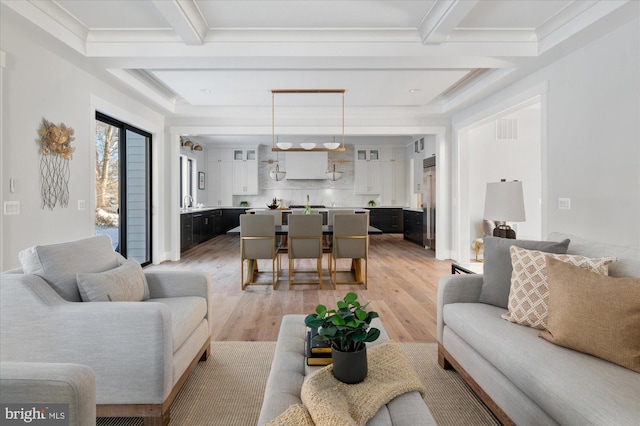 6221 Nelway Dr, Mclean, VA 22101 - living room with light wood-style flooring, beam ceiling, and coffered ceiling
