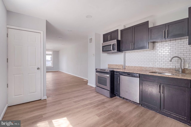 kitchen with decorative backsplash, appliances with stainless steel finishes, a sink, baseboards, and light wood-style floors