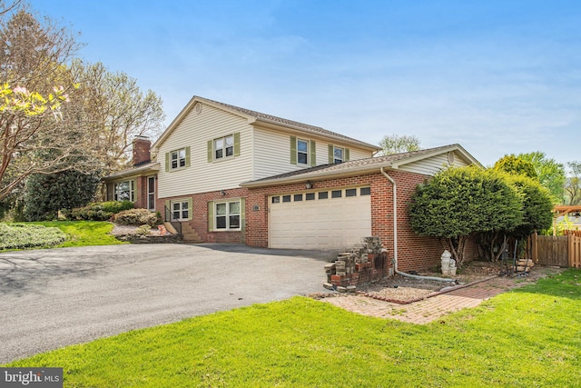 view of property exterior featuring a garage, a yard, aphalt driveway, a chimney, and fence