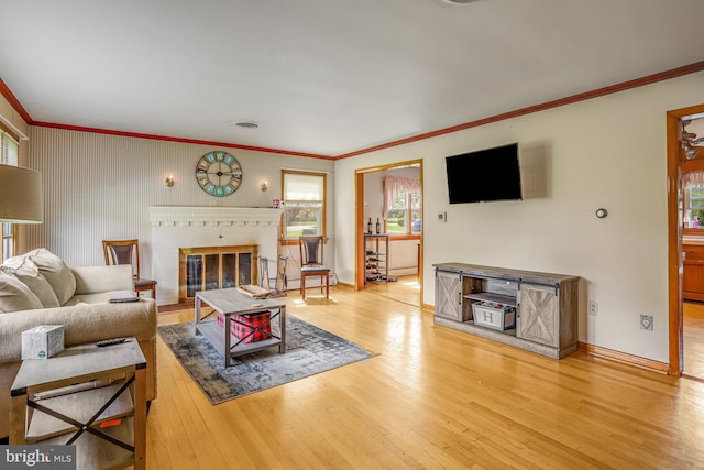 living room featuring baseboards, wood finished floors, a fireplace, and crown molding