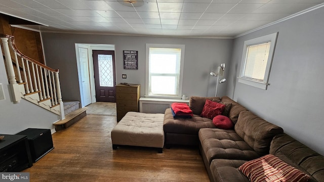 living room with radiator heating unit, wood finished floors, stairs, and ornamental molding