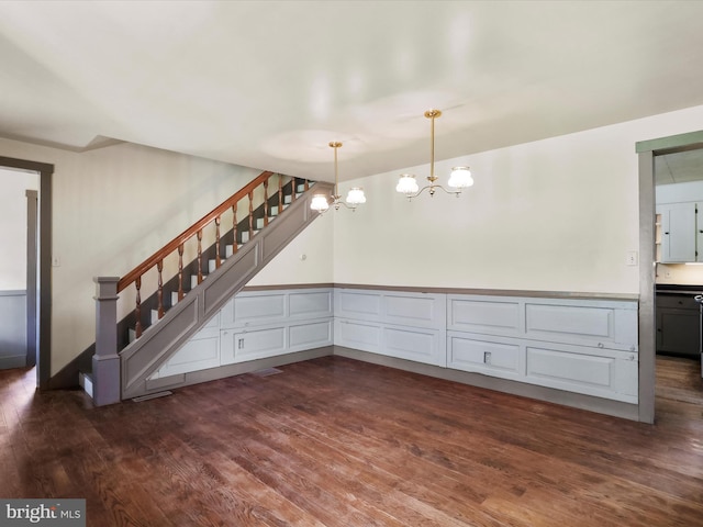 2297 Big Cove Tannery Rd, Big Cove Tannery, PA 17212 - interior space featuring a chandelier, wood finished floors, stairs, and wainscoting