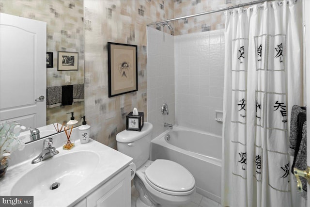 bathroom with wallpapered walls, shower / bath combination with curtain, toilet, and vanity