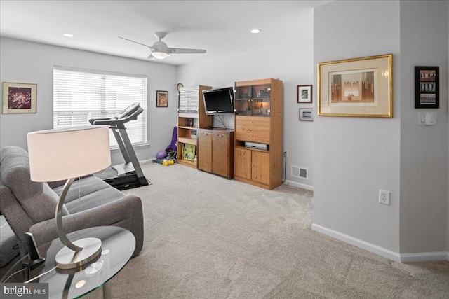 living area featuring recessed lighting, ceiling fan, carpet flooring, baseboards, and visible vents