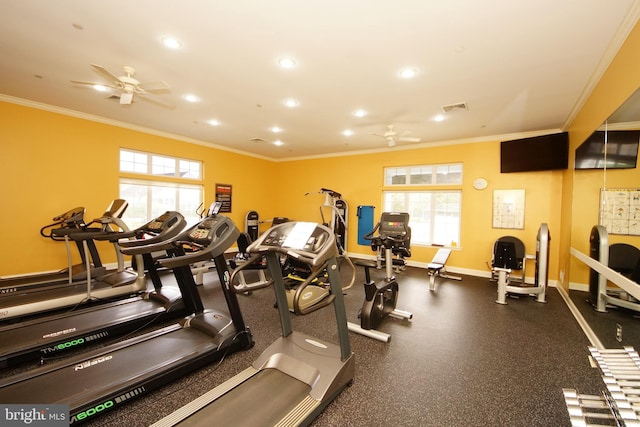 gym with crown molding, recessed lighting, a ceiling fan, and baseboards