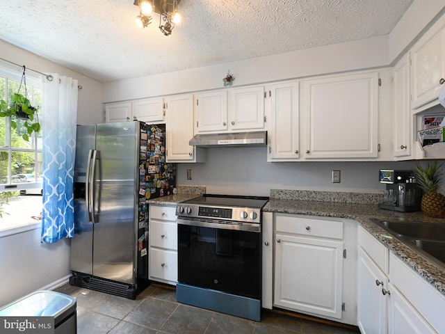 8554 Koluder Ct, Lorton, VA 22079 - kitchen featuring appliances with stainless steel finishes, under cabinet range hood, white cabinetry, a textured ceiling, and a sink