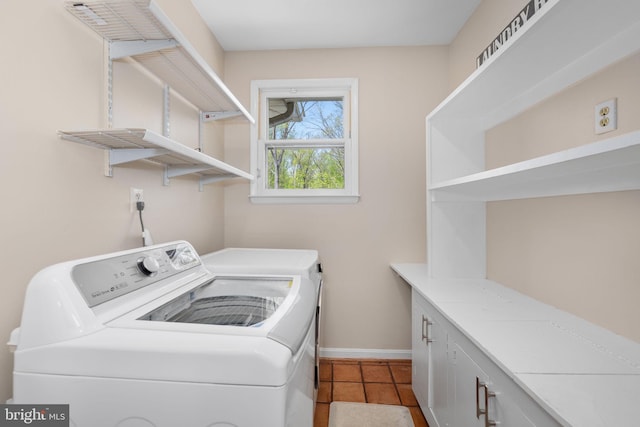 1004 Union Church Rd, Mclean, VA 22102 - clothes washing area featuring independent washer and dryer, cabinet space, tile patterned flooring, and baseboards