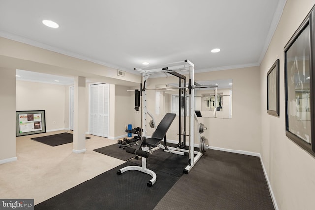 1004 Union Church Rd, Mclean, VA 22102 - exercise room featuring baseboards, recessed lighting, crown molding, and carpet