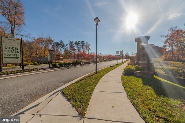 view of street with street lighting, sidewalks, and curbs