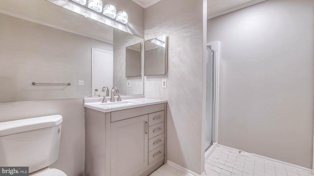 68 Arapaho Pl, Galloway, NJ 08205 - bathroom featuring tile patterned floors, toilet, a shower stall, vanity, and ornamental molding