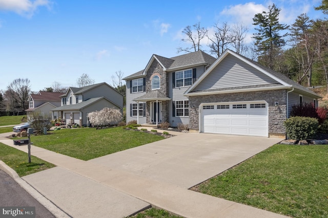 view of front of house with a shingled roof, a front lawn, concrete driveway, stone siding, and a garage