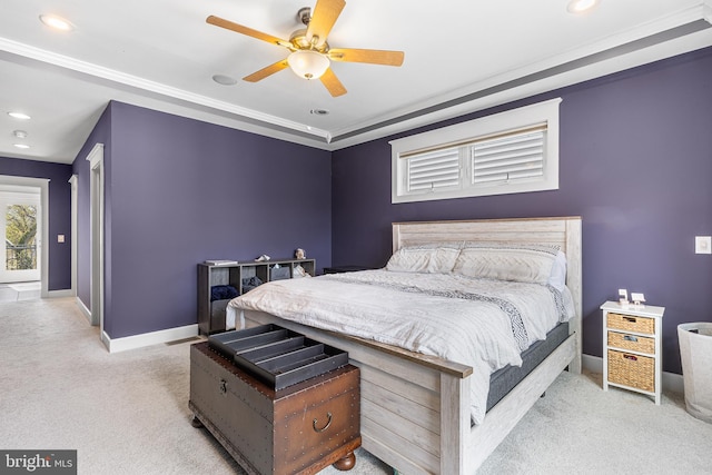bedroom featuring recessed lighting, carpet flooring, baseboards, and a ceiling fan