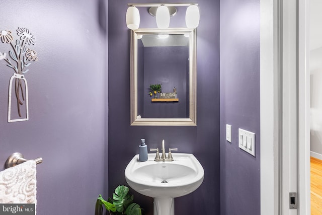 bathroom with wood finished floors and a sink