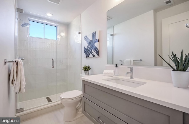 bathroom featuring recessed lighting, visible vents, toilet, vanity, and a stall shower