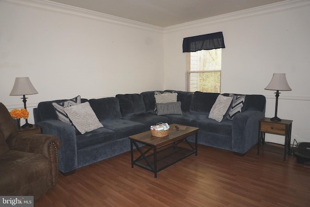 living room with ornamental molding and wood finished floors