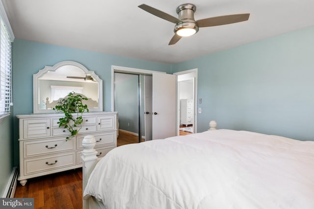 6 Shover Dr, Carlisle, PA 17013 - bedroom featuring a ceiling fan, dark wood-type flooring, a closet, baseboards, and a baseboard radiator
