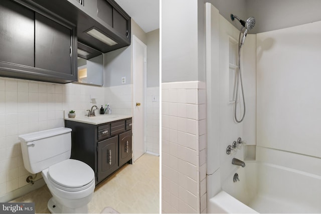 6 Shover Dr, Carlisle, PA 17013 - full bathroom featuring wainscoting, vanity, tile walls, toilet, and shower / bathtub combination