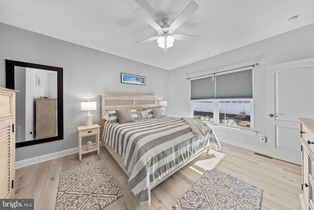bedroom with light wood-type flooring, visible vents, baseboards, and ceiling fan