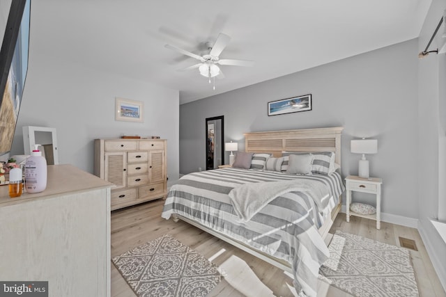 bedroom featuring light wood-style flooring and a ceiling fan