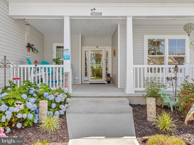 view of exterior entry with a porch