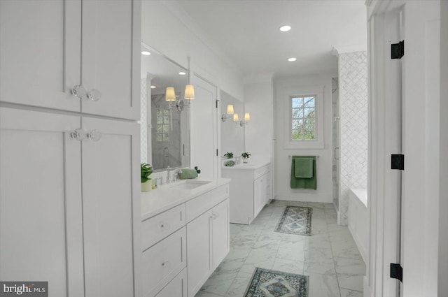 bathroom with a stall shower, two vanities, a sink, marble finish floor, and recessed lighting