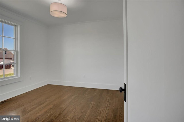 spare room featuring crown molding, dark wood-style flooring, baseboards, and a healthy amount of sunlight