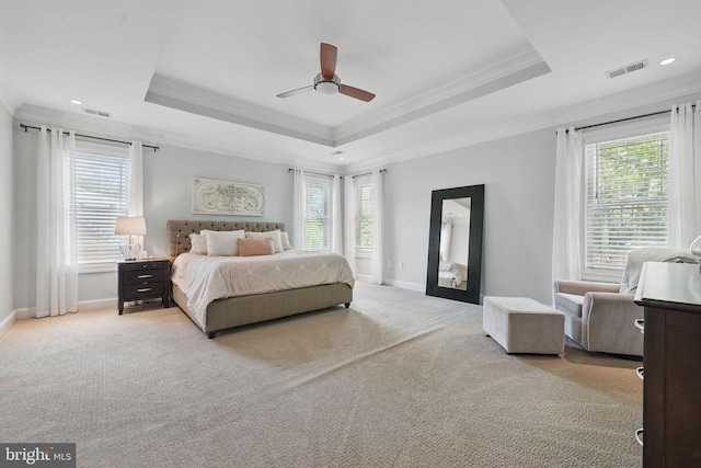 bedroom with ornamental molding, a tray ceiling, and multiple windows